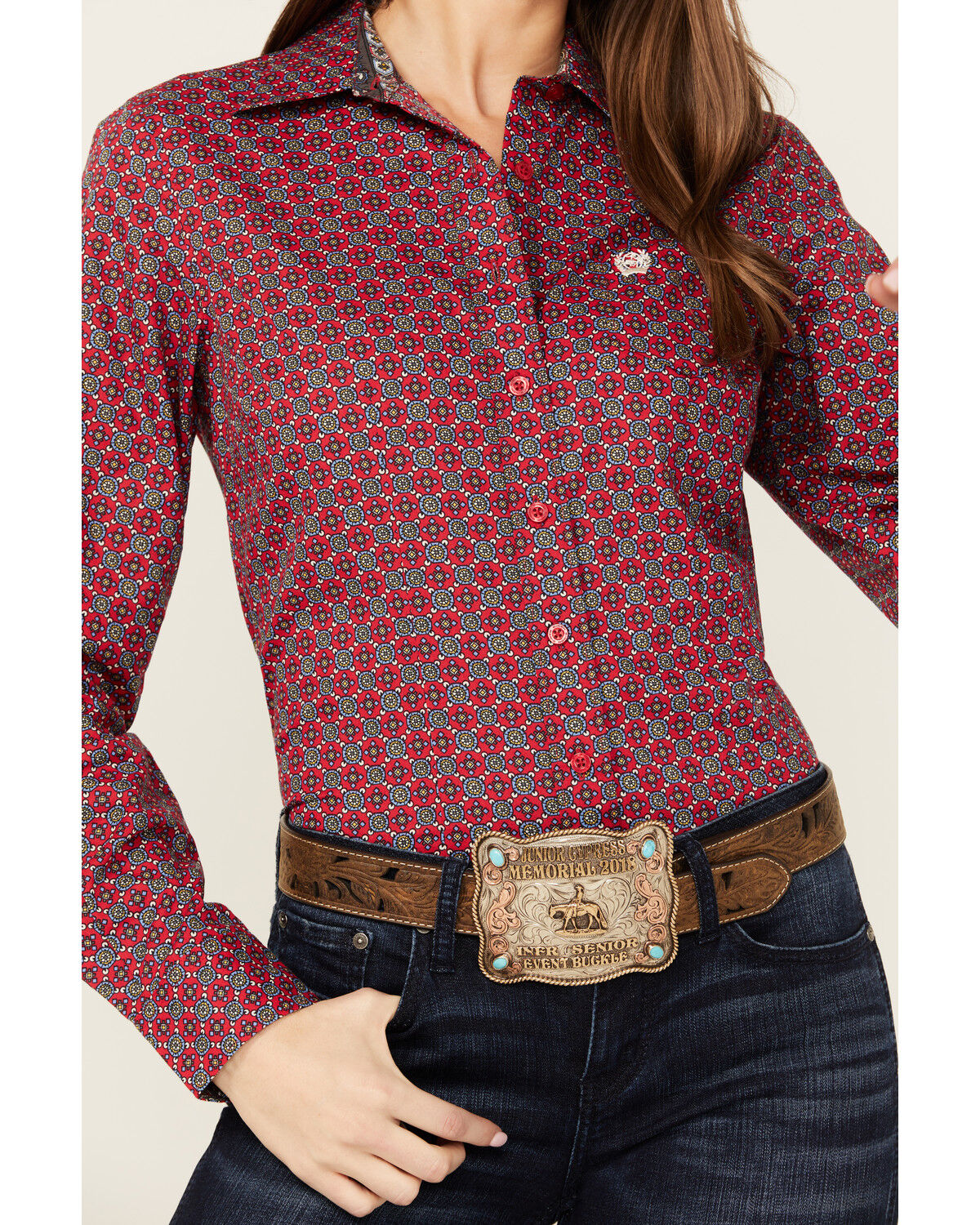 Image #3 - Cinch Women's Medallion Print Long Sleeve Button-Down Western Core Shirt, Red, hi-res