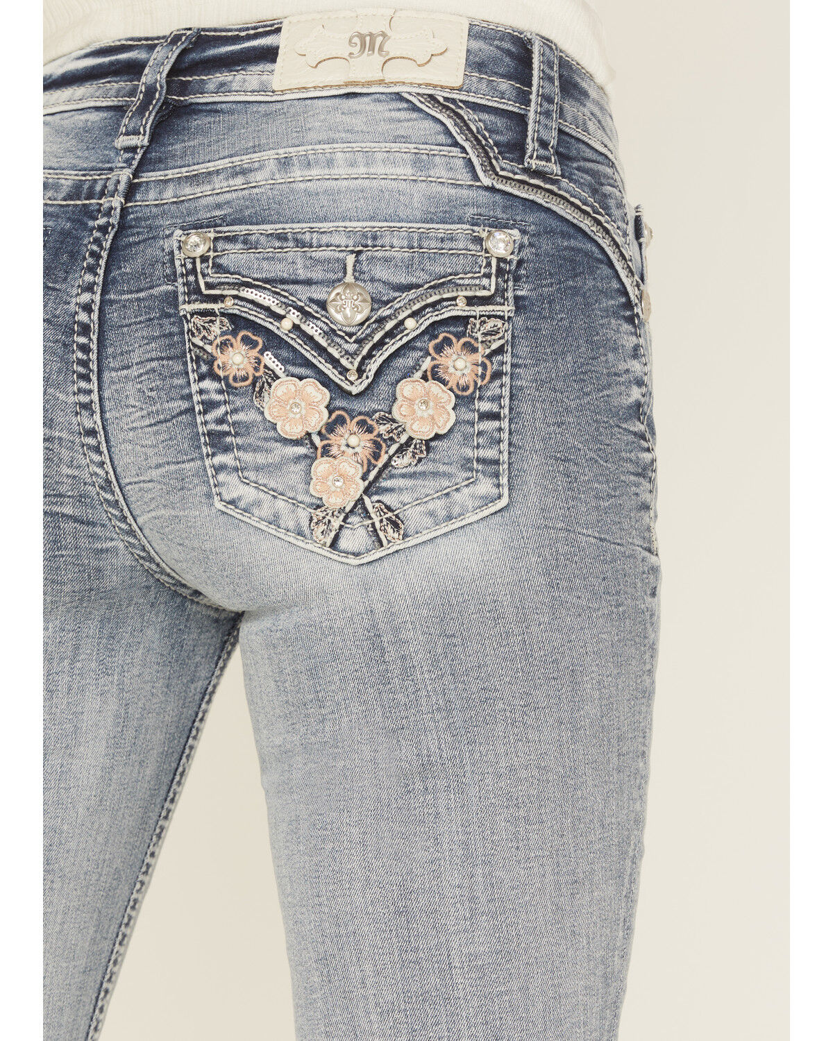 Image #2 - Miss Me Women's Light Wash Mid Rise Floral Pocket Bootcut Jeans, Light Wash, hi-res