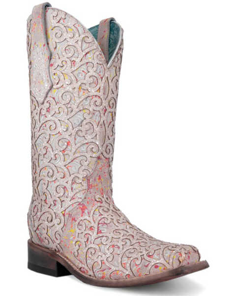 Image #1 - Corral Women's Glitter Overlay Neon Blacklight Western Boots - Square Toe , White, hi-res