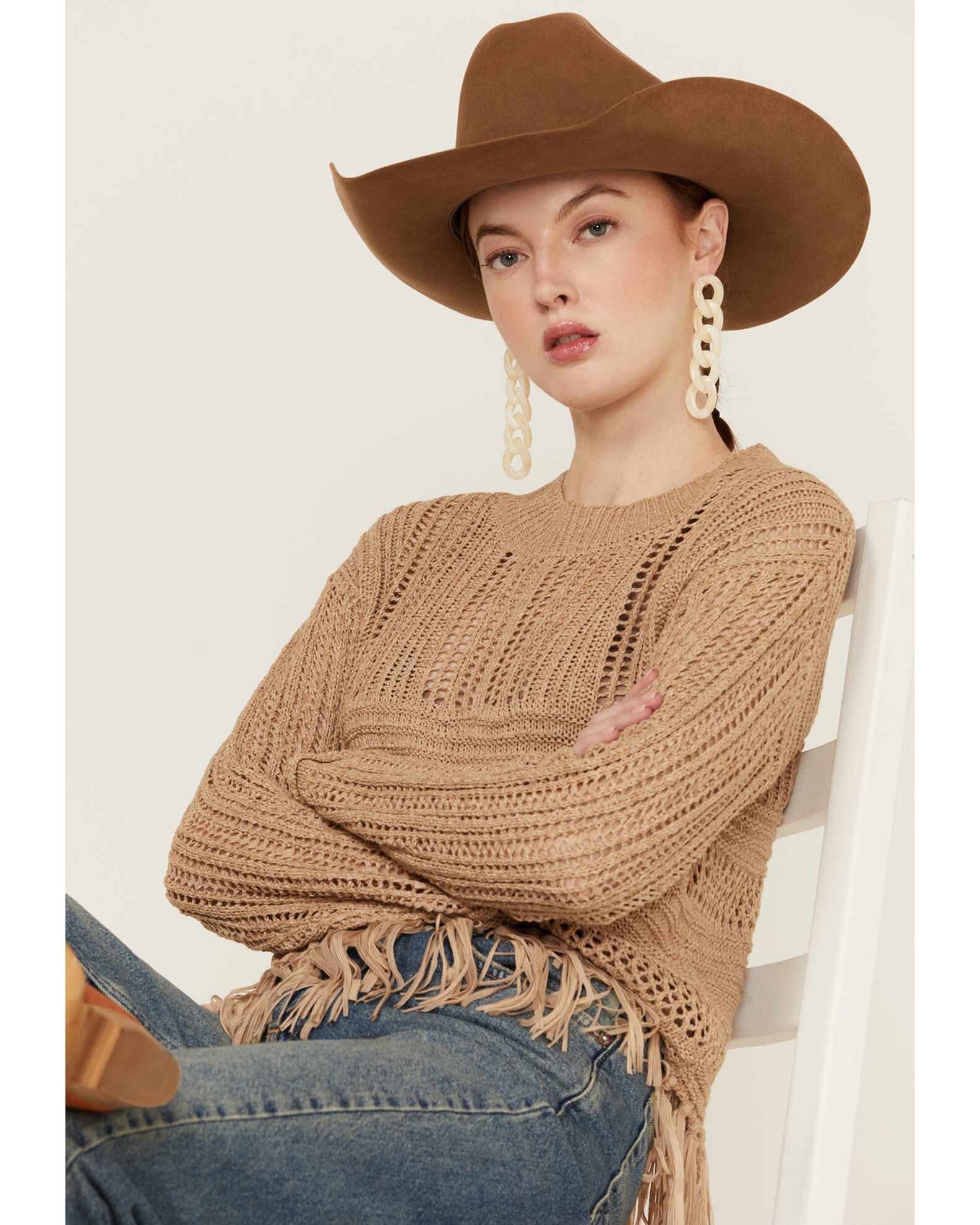 Rock Roll Denim Women s Open Weave Fringe Sweater Sheplers