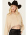 Image #3 - Blue B Women's Rhinestone Fringe Long Sleeve Cropped Henley Shirt, Taupe, hi-res