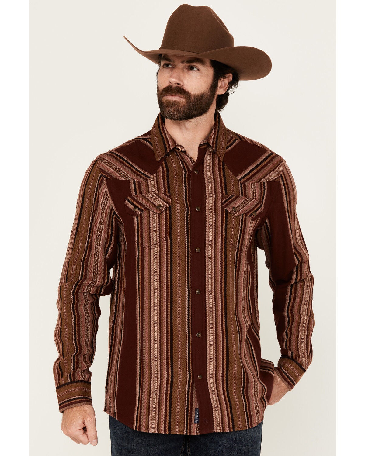 Moonshine Spirit&reg; Men's Whiskey Tango Striped Long Sleeve Snap Western Shirt, Burgundy, hi-res