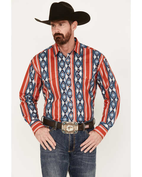 Image #1 - Wrangler Men's Southwestern Print Long Sleeve Pearl Snap Western Shirt, Red, hi-res