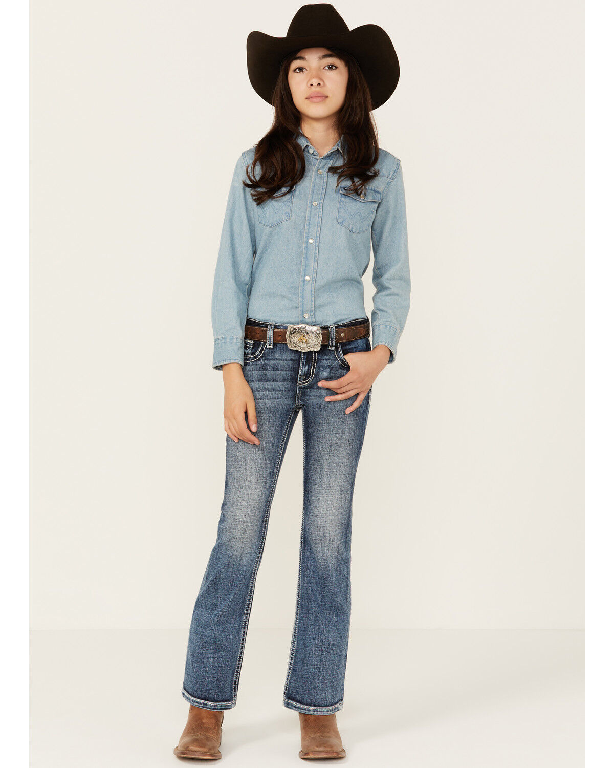 Image #3 - Miss Me Girls' Medium Wash Border Print Stretch Bootcut Jeans, Blue, hi-res