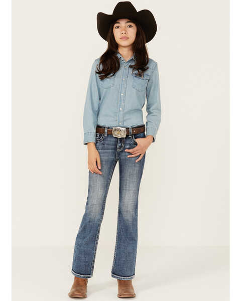 Image #3 - Miss Me Girls' Medium Wash Border Print Stretch Bootcut Jeans , Blue, hi-res