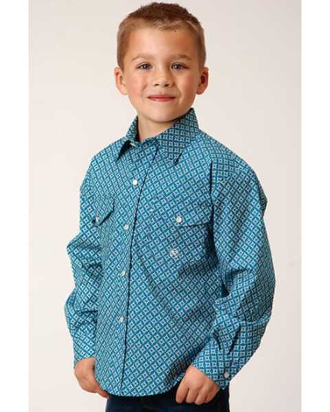 Image #1 - Roper Boys' Geo Print Long Sleeve Pearl Snap Western Shirt, Turquoise, hi-res
