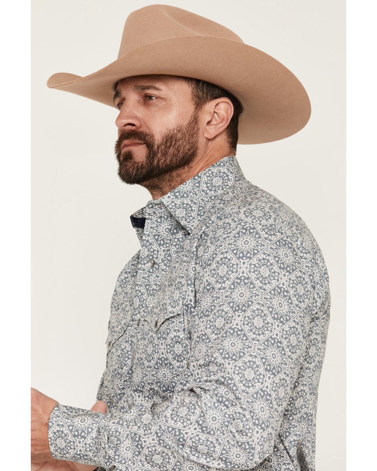 Image #2 - Stetson Men's Medallion Print Long Sleeve Snap Western Shirt, Grey, hi-res