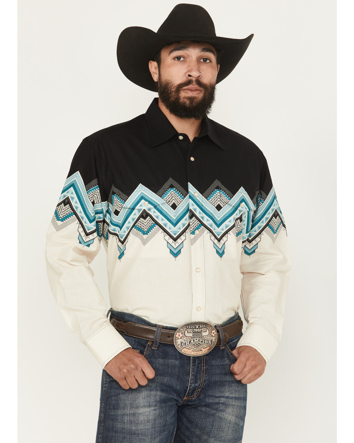Image #1 - Panhandle Slim Men's Southwestern Border Print Long Sleeve Pearl Snap Western Shirt, Natural, hi-res