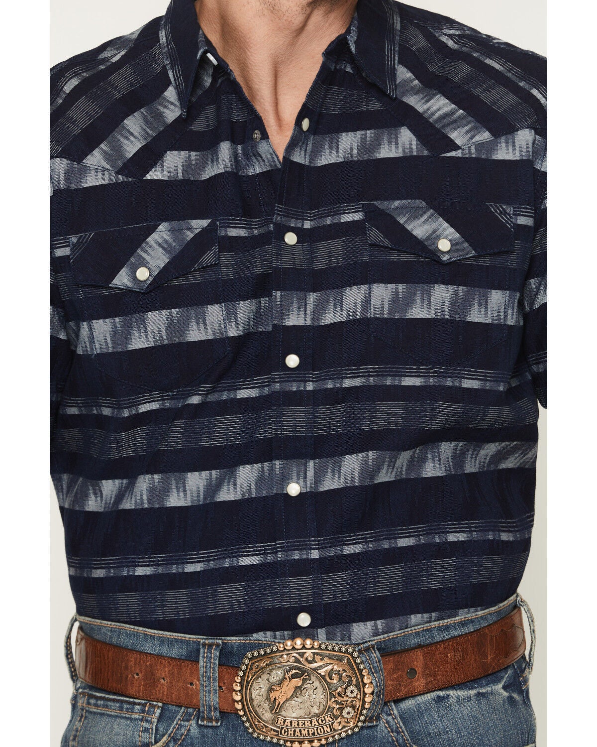 Image #3 - Cody James Men's Ikat Striped Short Sleeve Pearl Snap Western Shirt, Indigo, hi-res