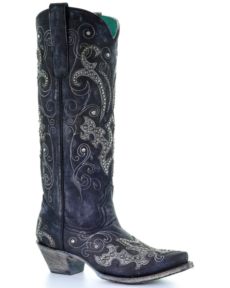 Corral Women's Tall Studded Overlay & Crystals Cowgirl Boots - Snip Toe, Black, hi-res
