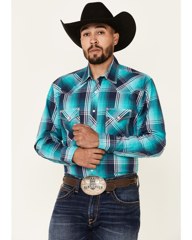 Wrangler 20X Men's Large Plaid Long Sleeve Button-Down Western Shirt , Blue, hi-res