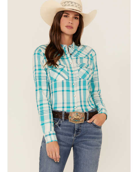 RANK 45 Women's Plaid Print Long Sleeve Snap Riding Western Shirt, Turquoise, hi-res