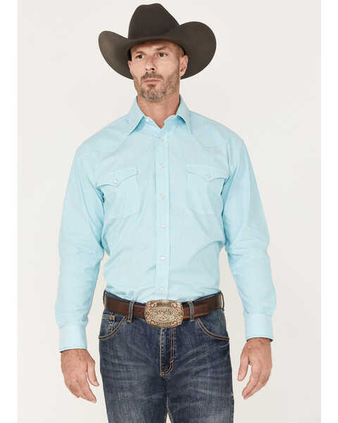 Image #1 - Rough Stock by Panhandle Men's Micro Stripe Stretch Long Sleeve Pearl Snap Shirt, Turquoise, hi-res