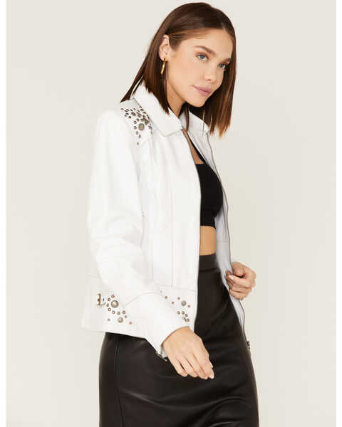 Sidran Women's Studded Moto Leather Jacket, White, hi-res