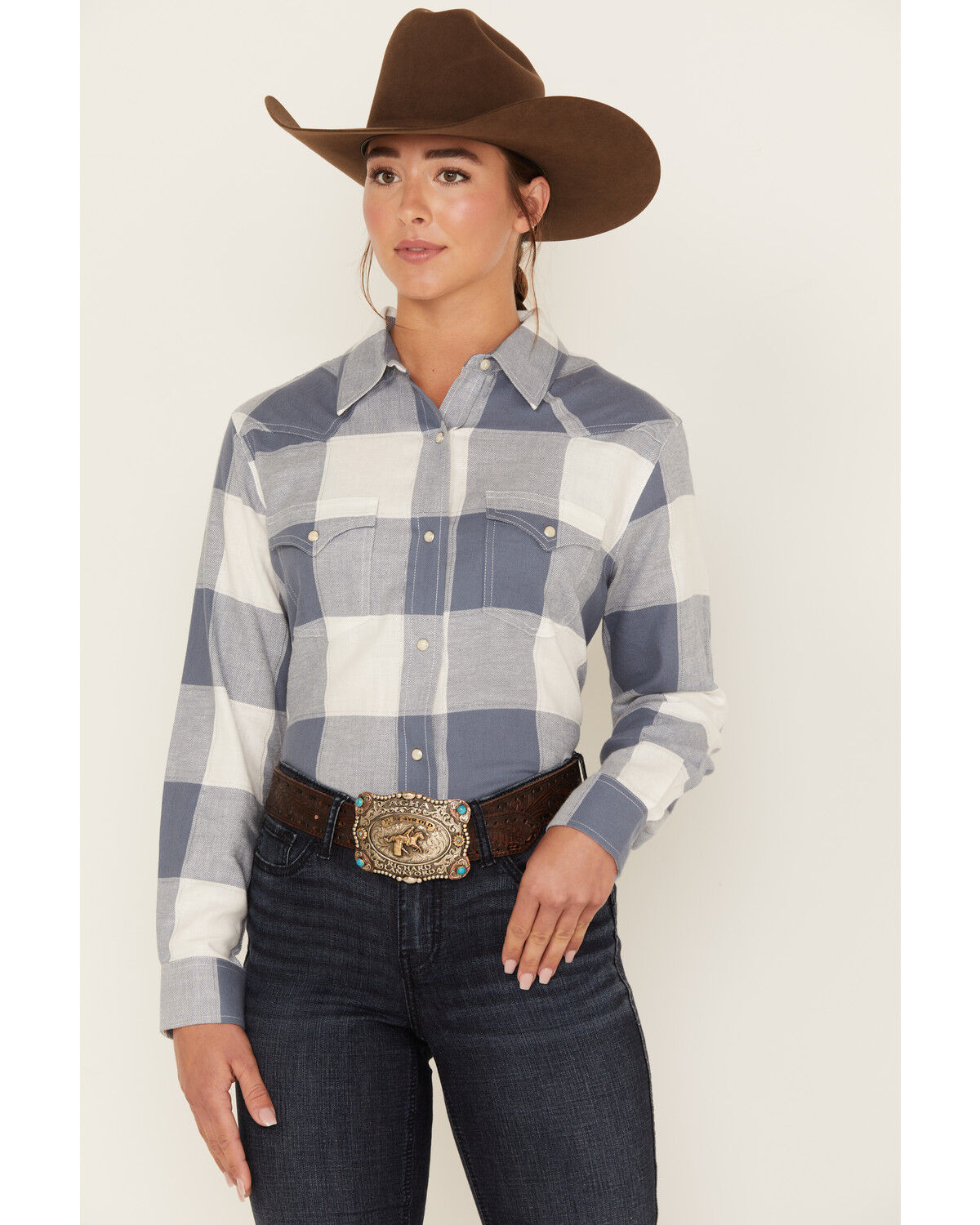 Image #1 - Wrangler Women's Boot Barn Exclusive Buffalo Check Print Long Sleeve Western Flannel Snap Shirt, Blue/white, hi-res