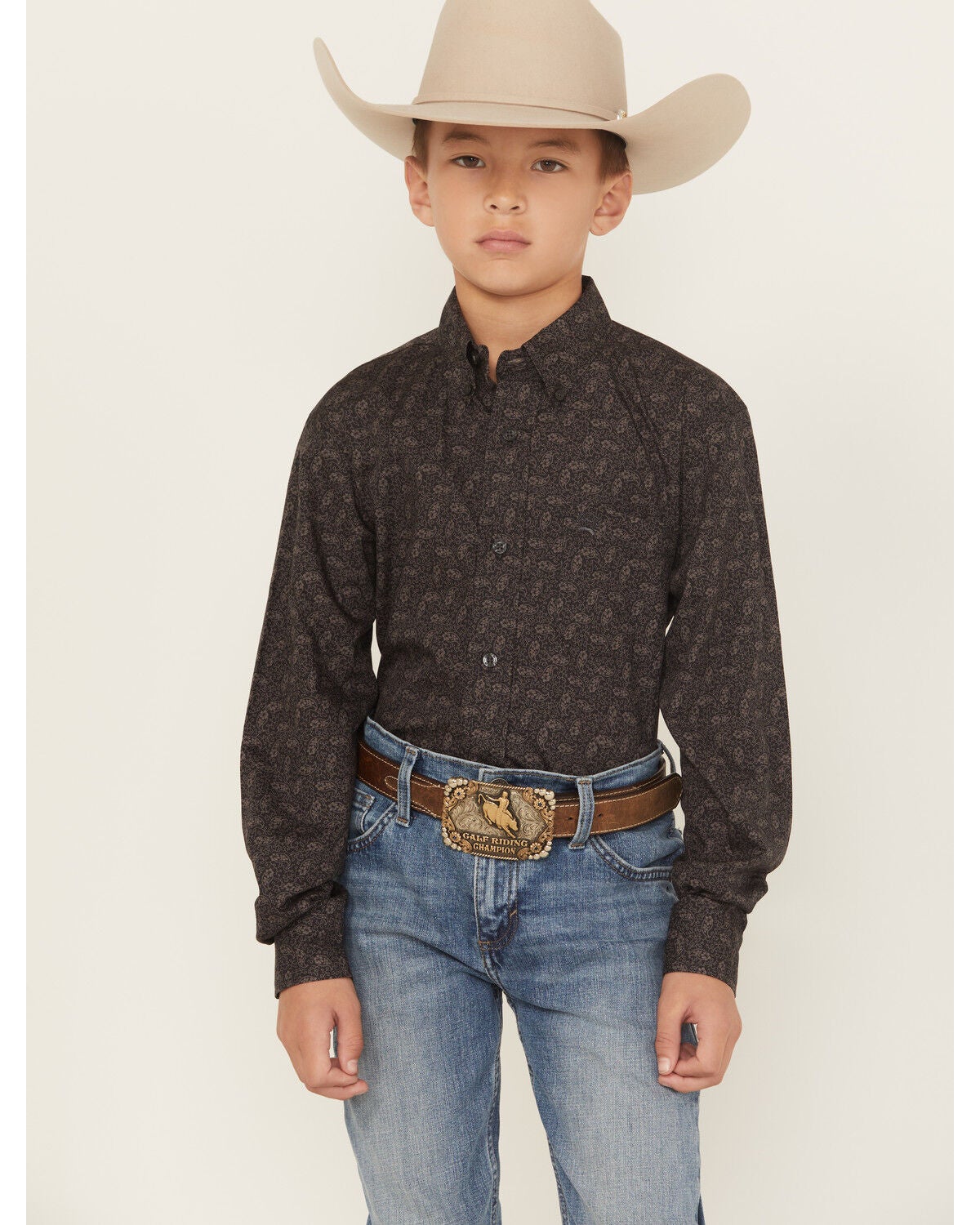 Cinch Boys' Paisley Print Button-Down Western Shirt, Charcoal, hi-res