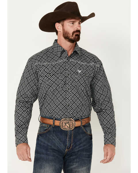 Image #1 - Cowboy Hardware Men's Wild Gem Geo Print Long Sleeve Snap Western Shirt, Black, hi-res