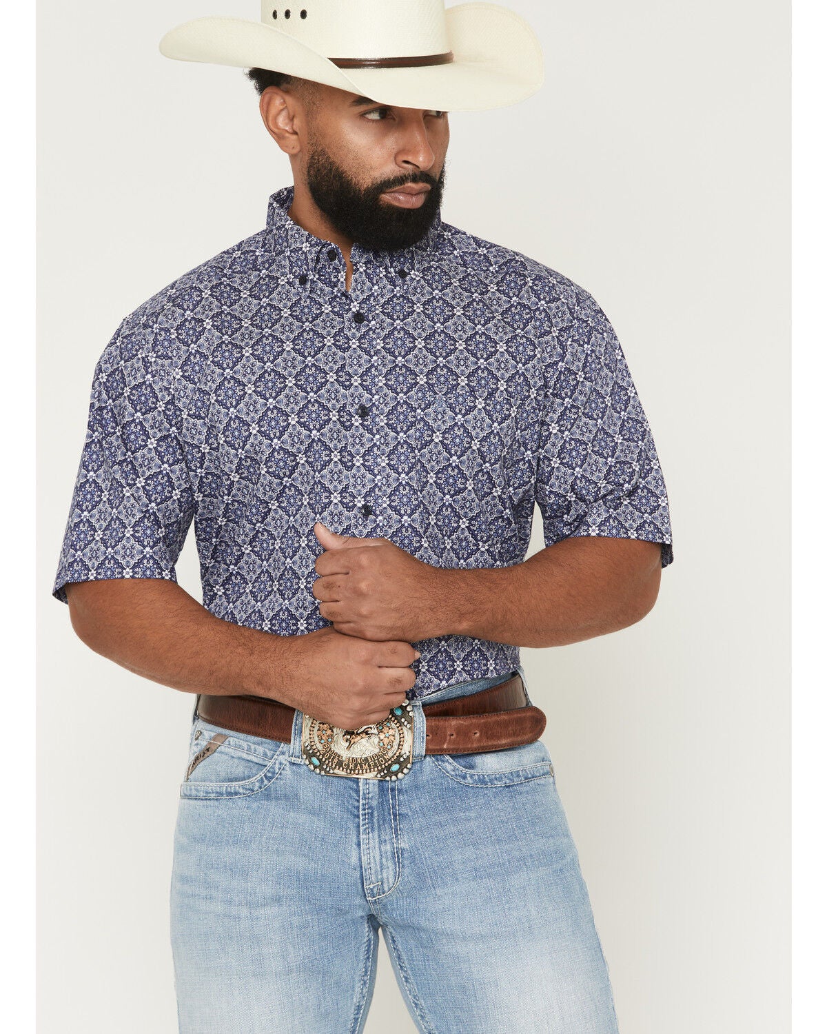Image #1 - Ariat Men's Bill Medallion Print Short Sleeve Button-Down Western Shirt - Tall, Blue, hi-res