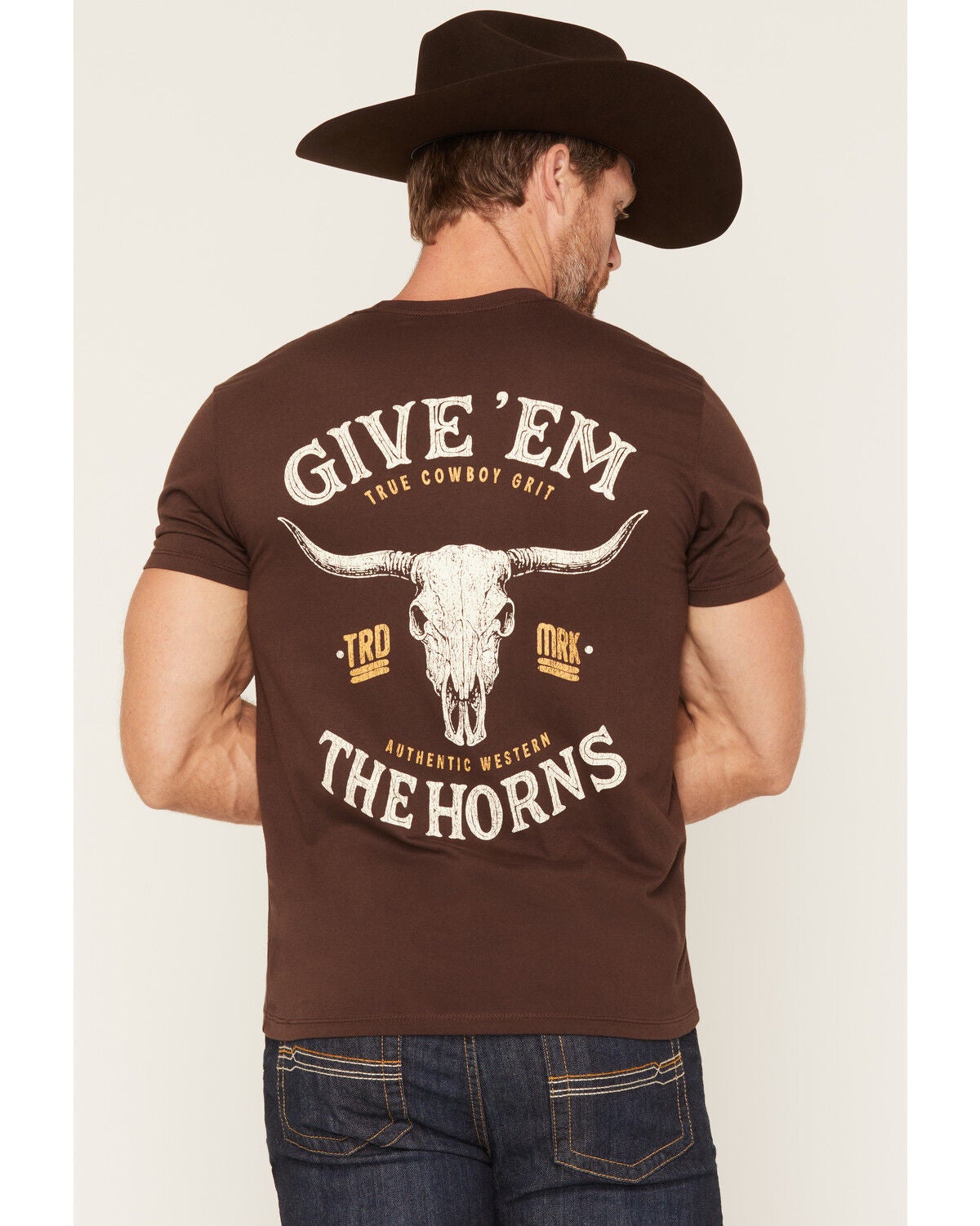 Image #1 - Cody James Men's Give 'Em The Horns Short Sleeve Graphic T-Shirt, Chocolate, hi-res