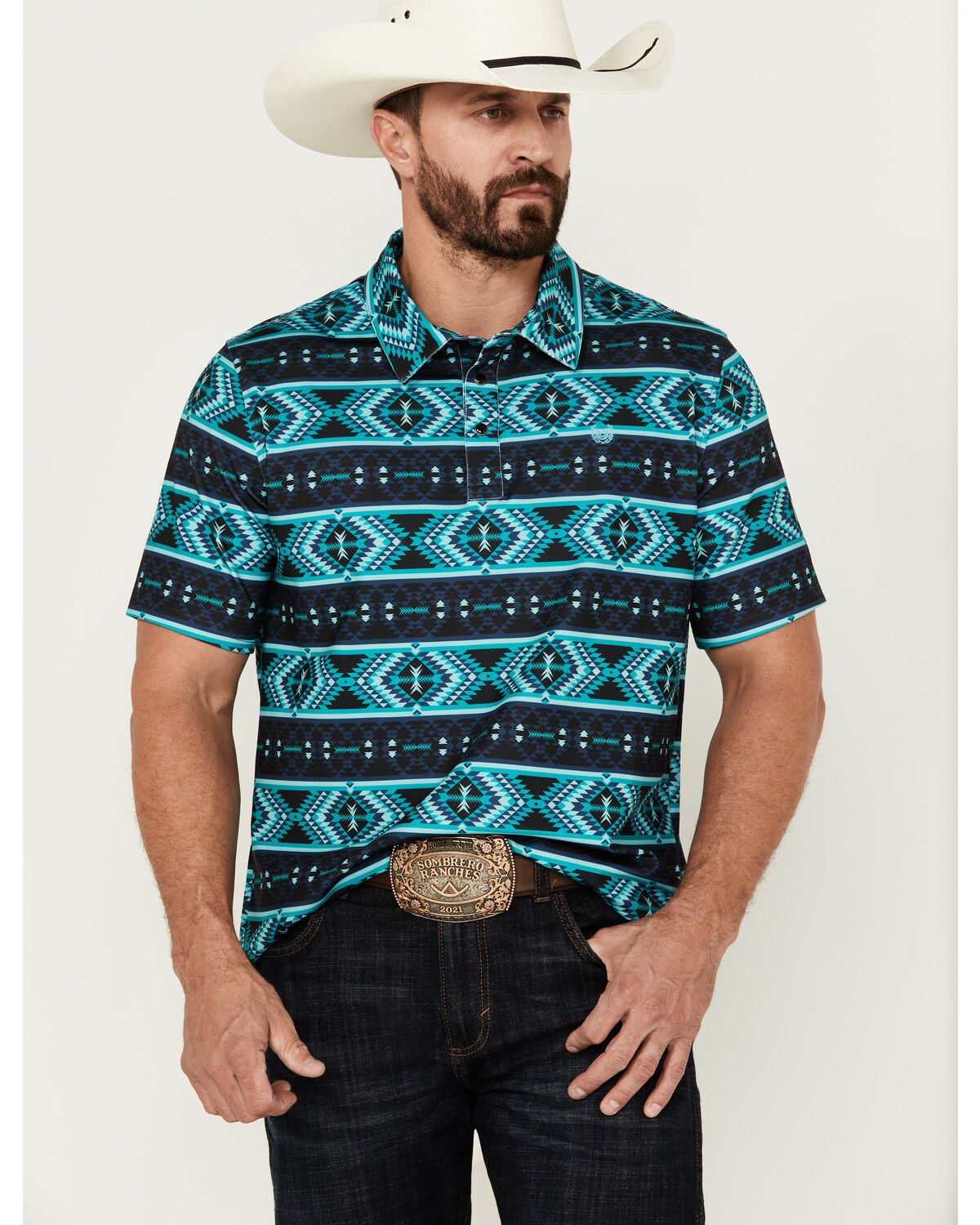 Image #1 - Panhandle Men's Southwestern Print Short Sleeve Performance Polo Shirt, Turquoise, hi-res