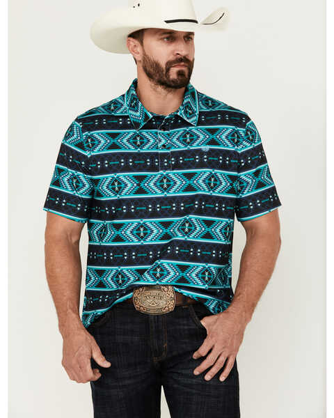 Image #1 - Panhandle Men's Southwestern Print Short Sleeve Performance Polo Shirt , Turquoise, hi-res