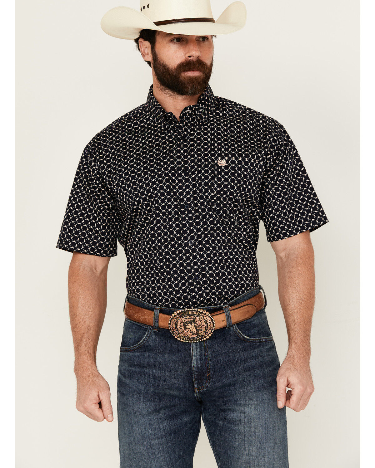 Image #1 - Cinch Men's Boot Barn Exclusive Geo Print Short Sleeve Button-Down Western Shirt, Navy, hi-res