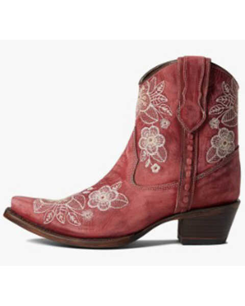 Corral Women's Flowered Embroidery Ankle Western Booties - Snip Toe, Red/brown, hi-res