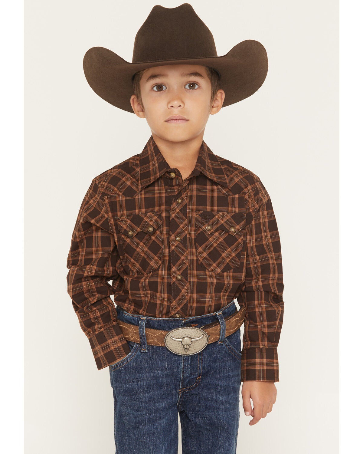 Wrangler Retro Boys' Plaid Print Long Sleeve Snap Western Shirt, Brown, hi-res