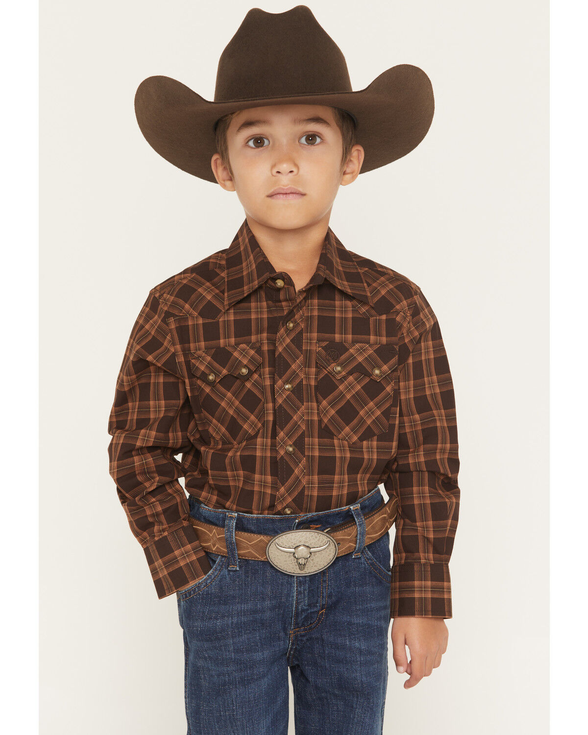Image #1 - Wrangler Retro Boys' Plaid Print Long Sleeve Snap Western Shirt, Brown, hi-res