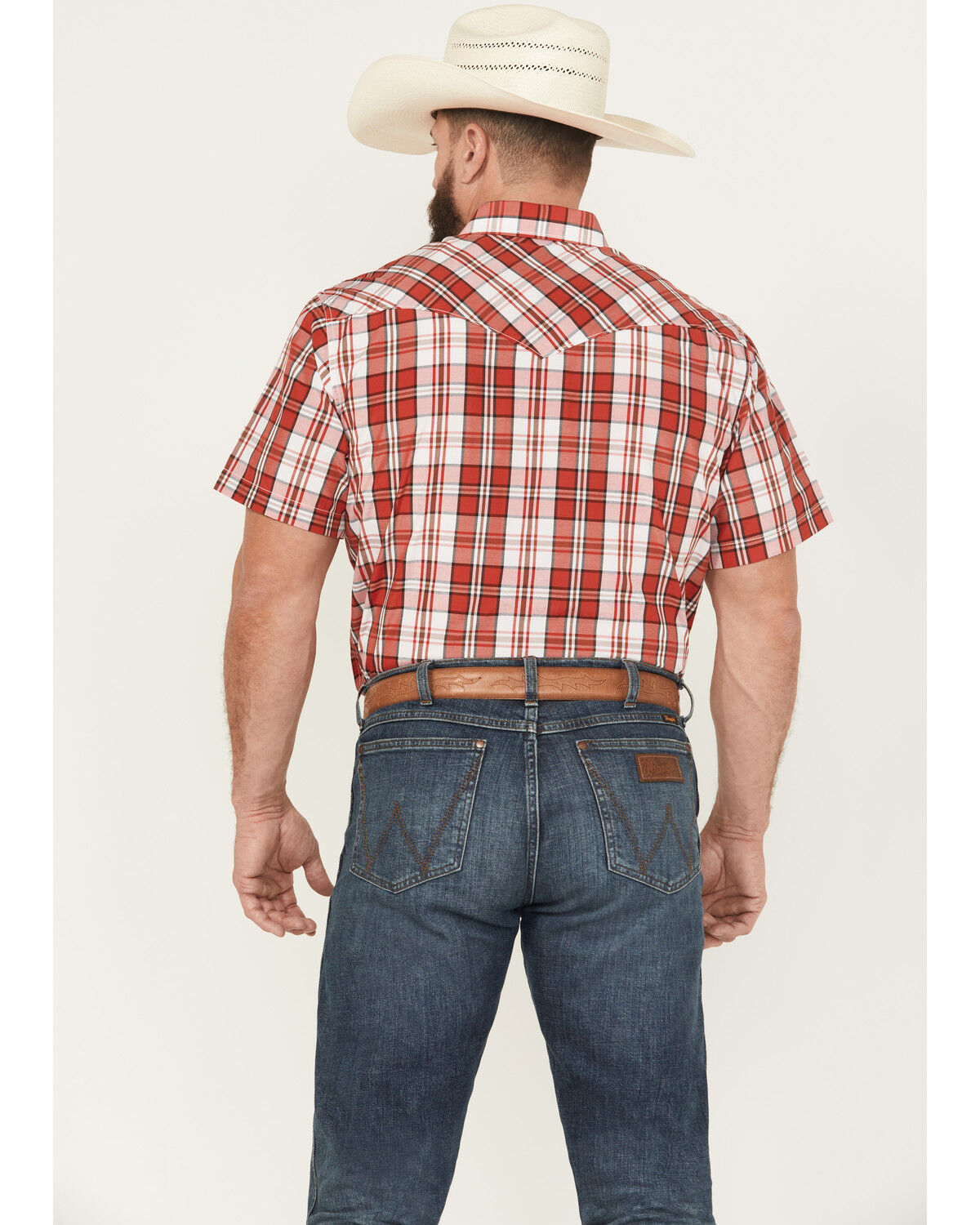 Image #4 - Rodeo Clothing Men's Plaid Print Short Sleeve Snap Stretch Western Shirt, Red, hi-res
