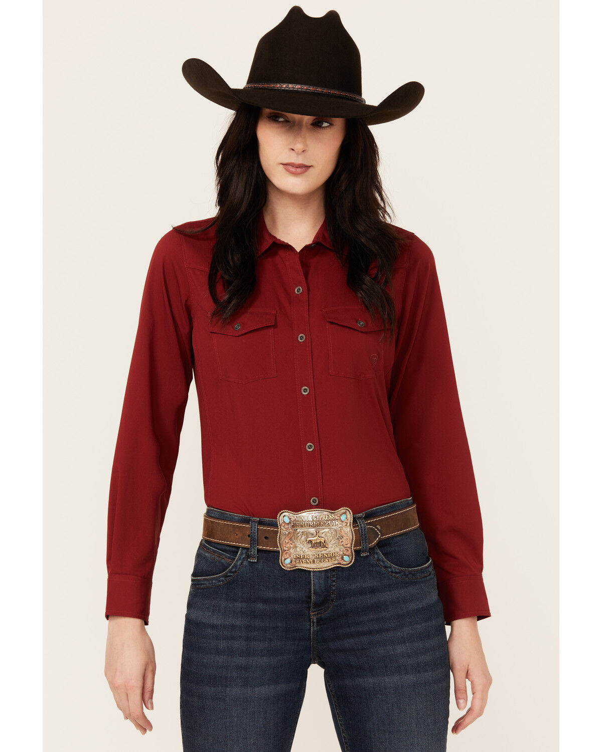Image #1 - Ariat Women's VentTek Long Sleeve Button-Down Stretch Western Shirt, Dark Red, hi-res