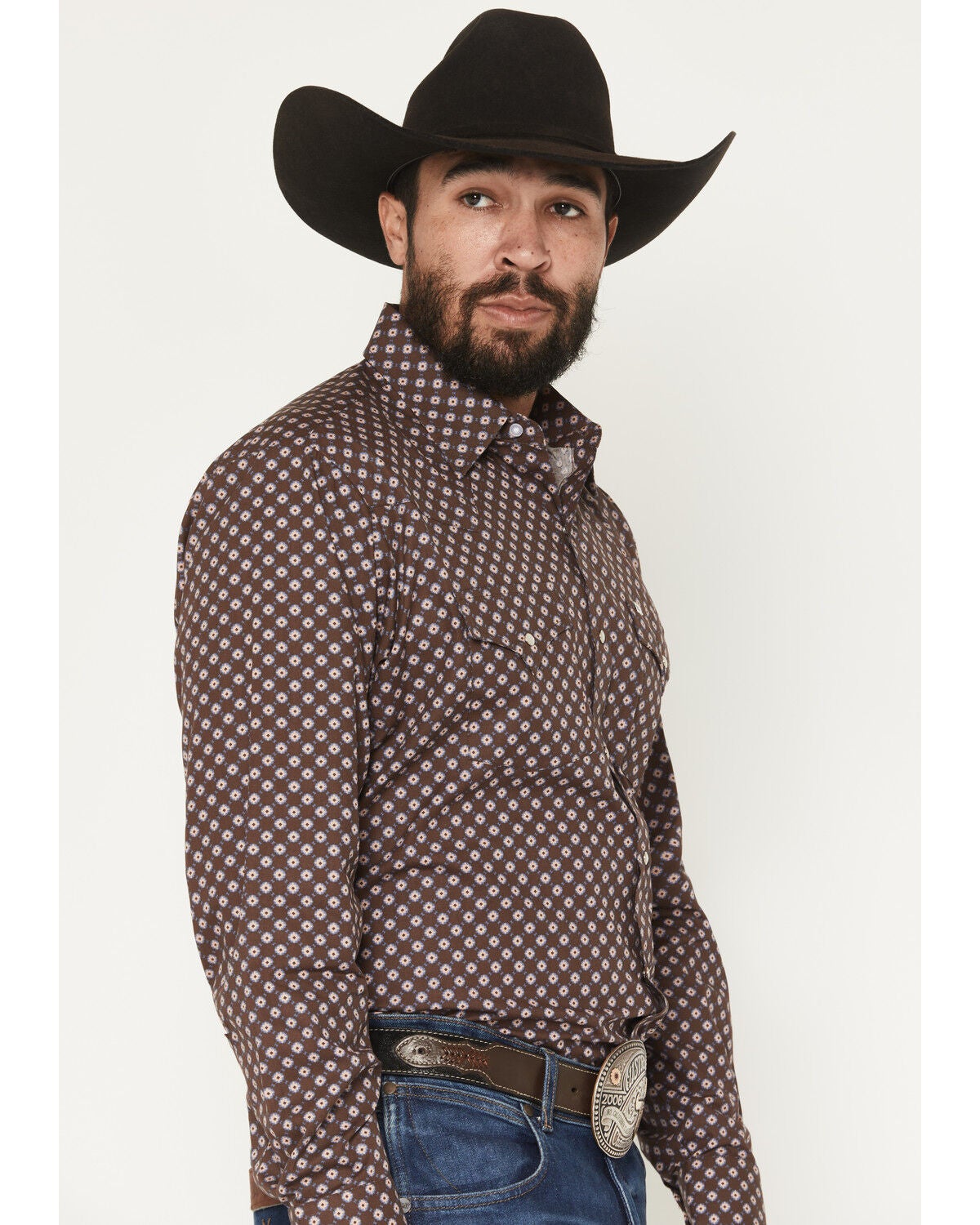 Image #2 - Ely Walker Men's Geo Print Long Sleeve Pearl Snap Western Shirt, Brown, hi-res