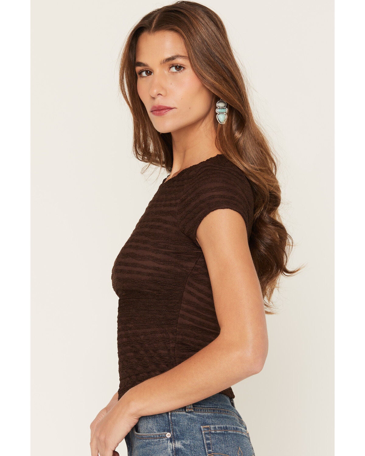 Image #2 - Trixxi Women's Lace Short Sleeve Tee, Brown, hi-res