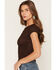 Image #2 - Trixxi Women's Lace Short Sleeve Tee, Brown, hi-res