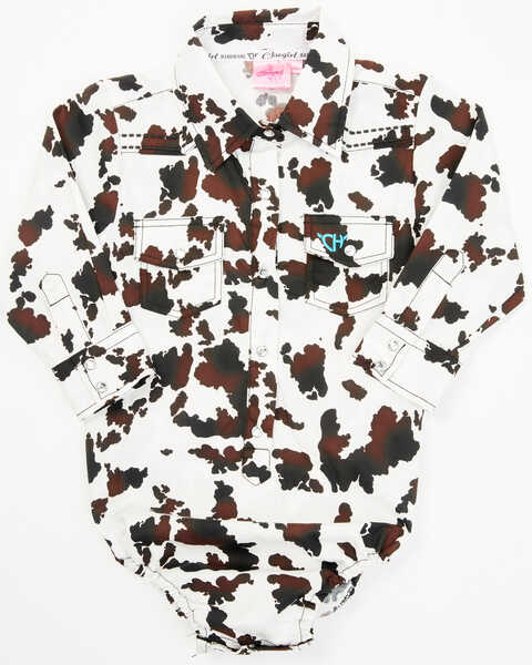 Image #1 - Cowgirl Hardware Infant Girls' Cow Print Long Sleeve Snap Onesie , White, hi-res