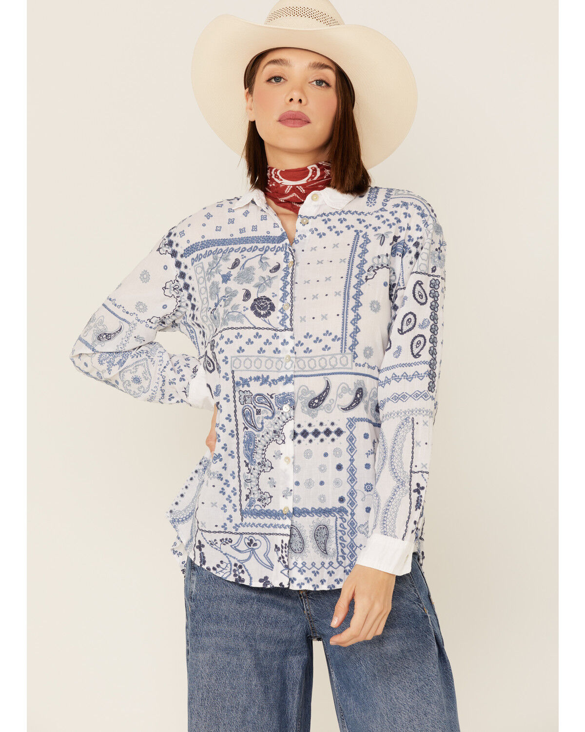 Image #1 - Johnny Was Women's Vanya Schiffu Oversized Shirt, White, hi-res