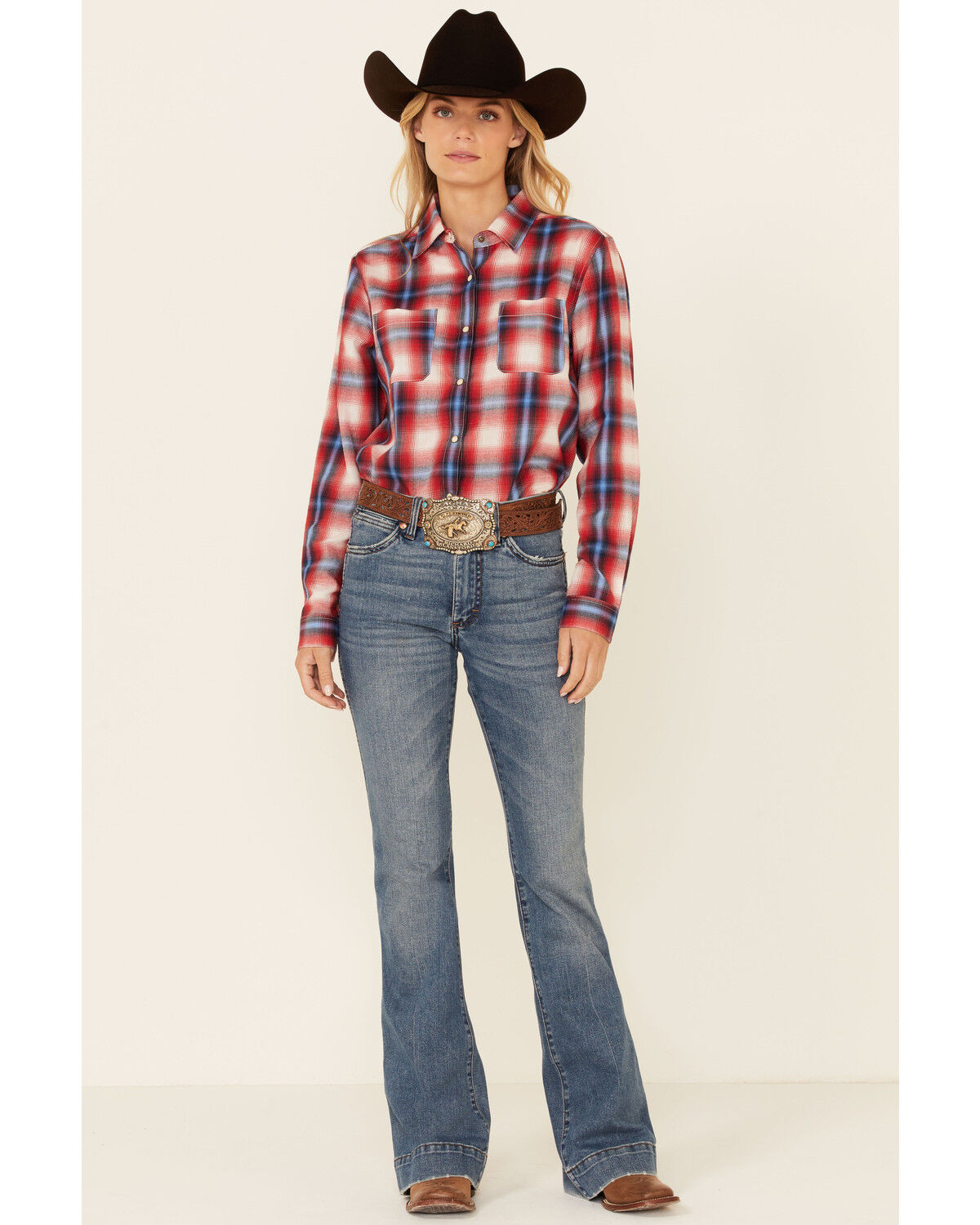 Image #2 - Rock & Roll Denim Women's Plaid Print Long Sleeve Snap Western Boyfriend Shirt, , hi-res