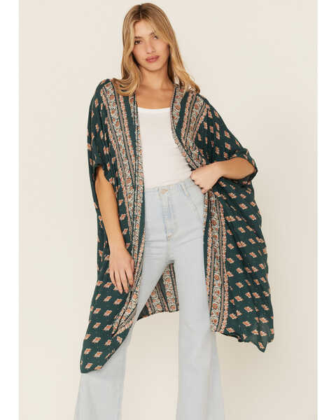Angie Women's Floral Print Kimono Duster, Forest Green, hi-res