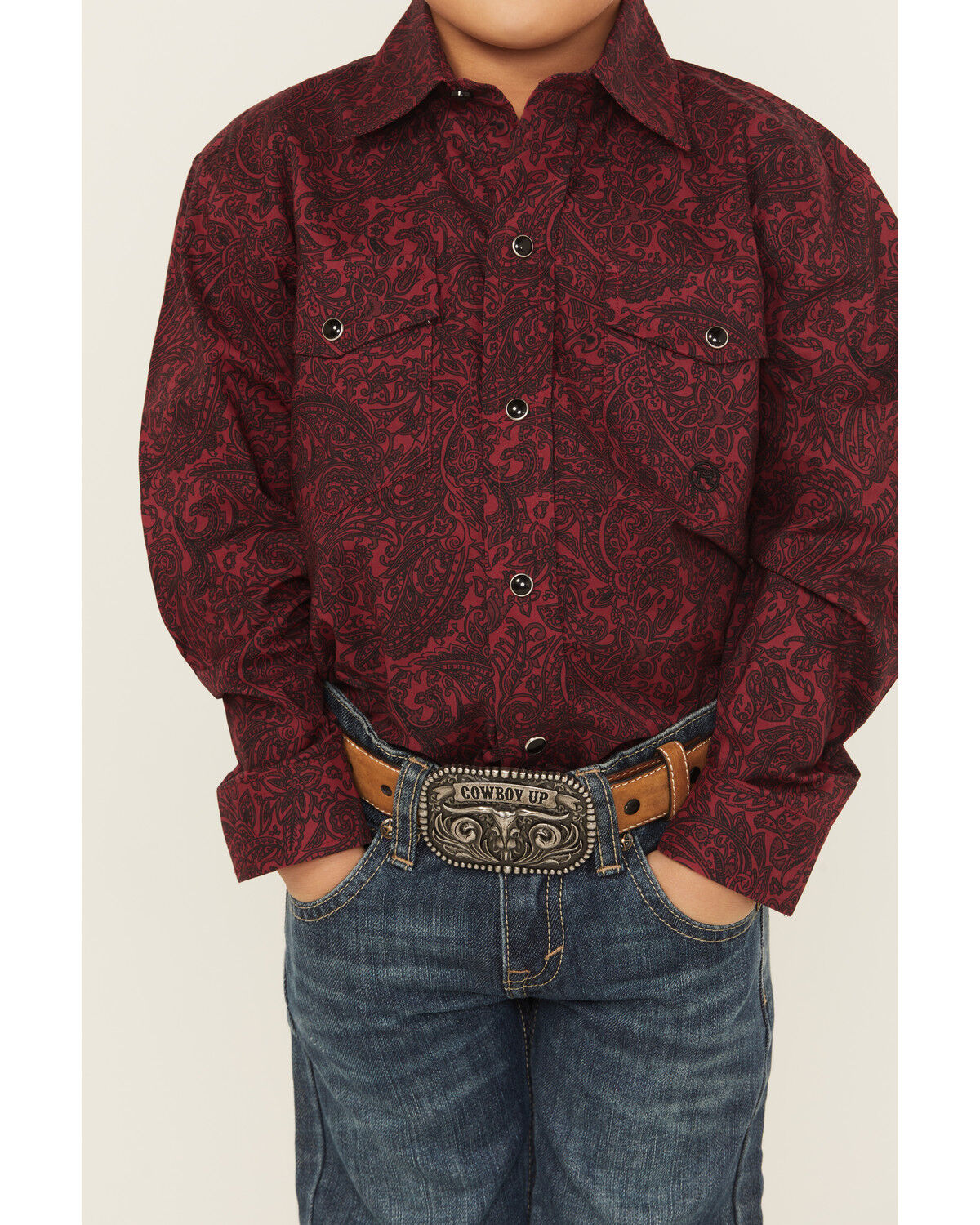 Image #2 - Roper Boys' Paisley Print Long Sleeve Snap Western Shirt, Wine, hi-res