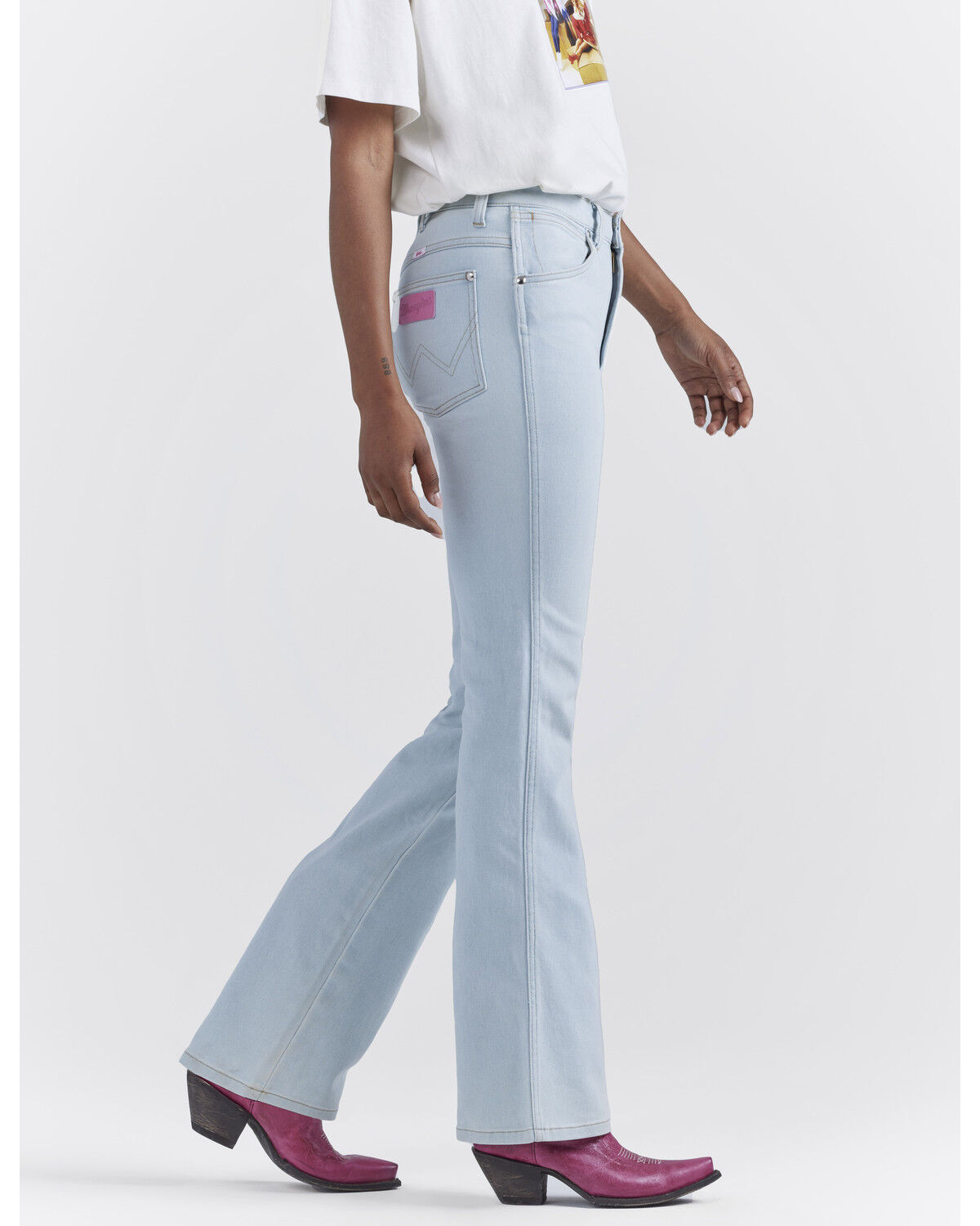 Image #3 - Wrangler® X Barbie™ Women's Light Wash High Rise Westward Pink Patch Stretch Bootcut Jeans, Light Wash, hi-res