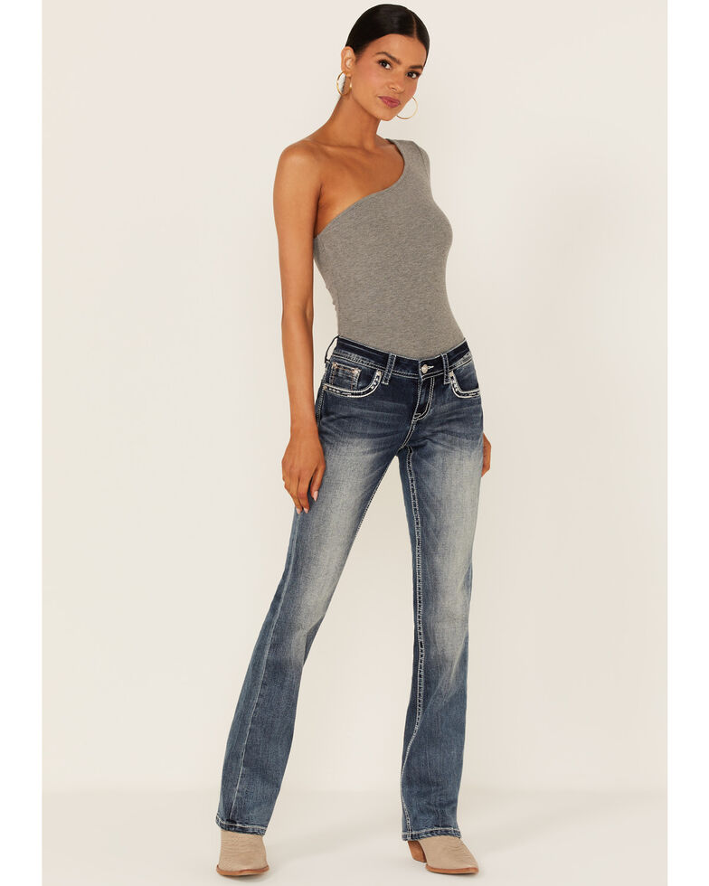 Grace in LA Women's Feather Embroidered Pocket Medium Dark Wash Bootcut Jeans, Blue, hi-res