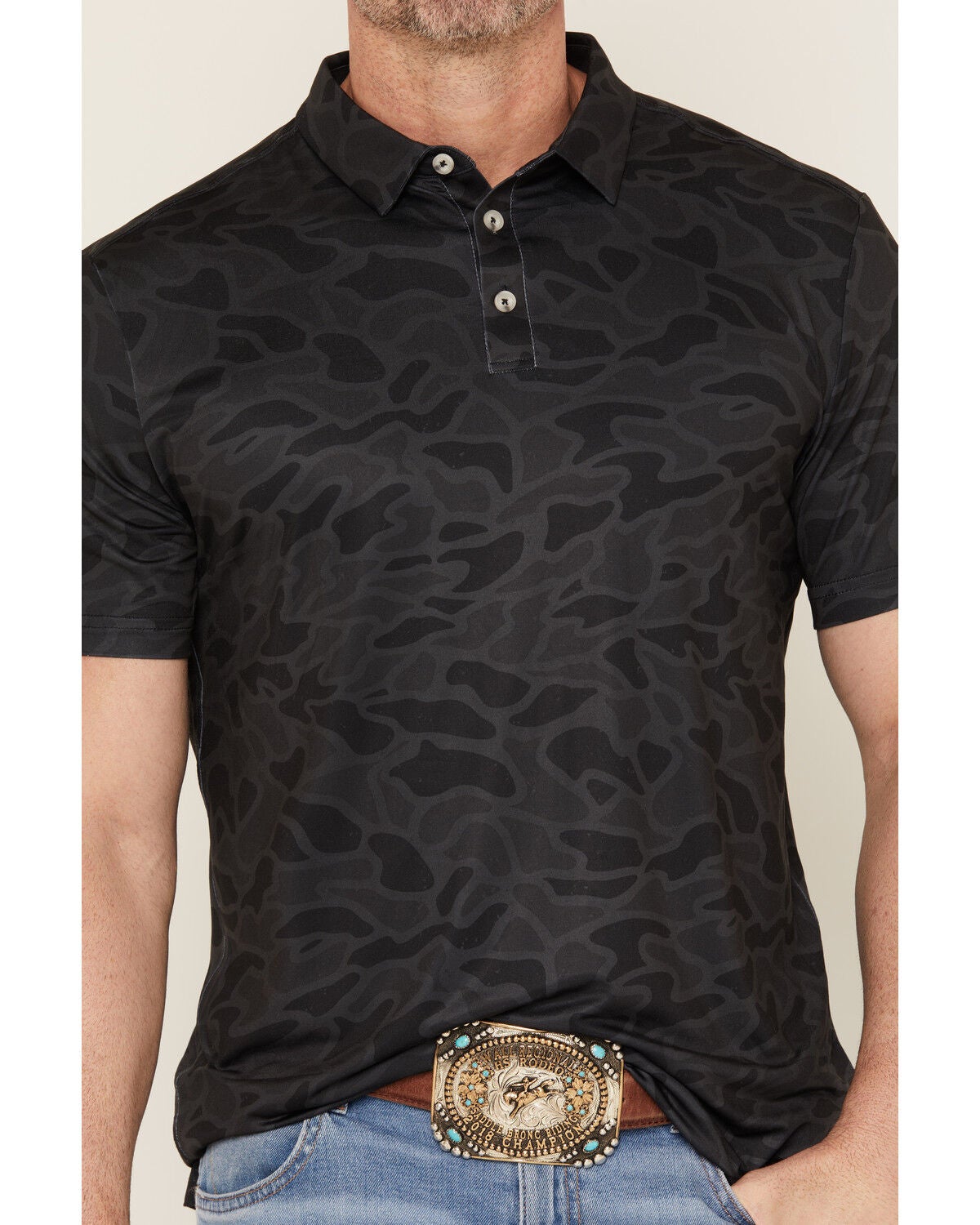 Image #3 - Burlebo Men's Camo Print Short Sleeve Button-Down Stretch Polo Shirt, Black, hi-res
