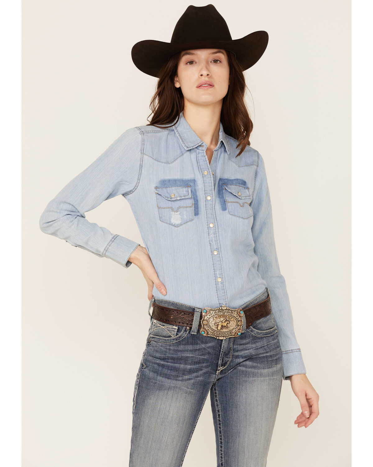 Image #1 - Kimes Ranch Women's Kaycee Denim Long Sleeve Western Pearl Snap Shirt, Dark Medium Wash, hi-res