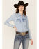 Image #1 - Kimes Ranch Women's Kaycee Denim Long Sleeve Western Pearl Snap Shirt, Dark Medium Wash, hi-res