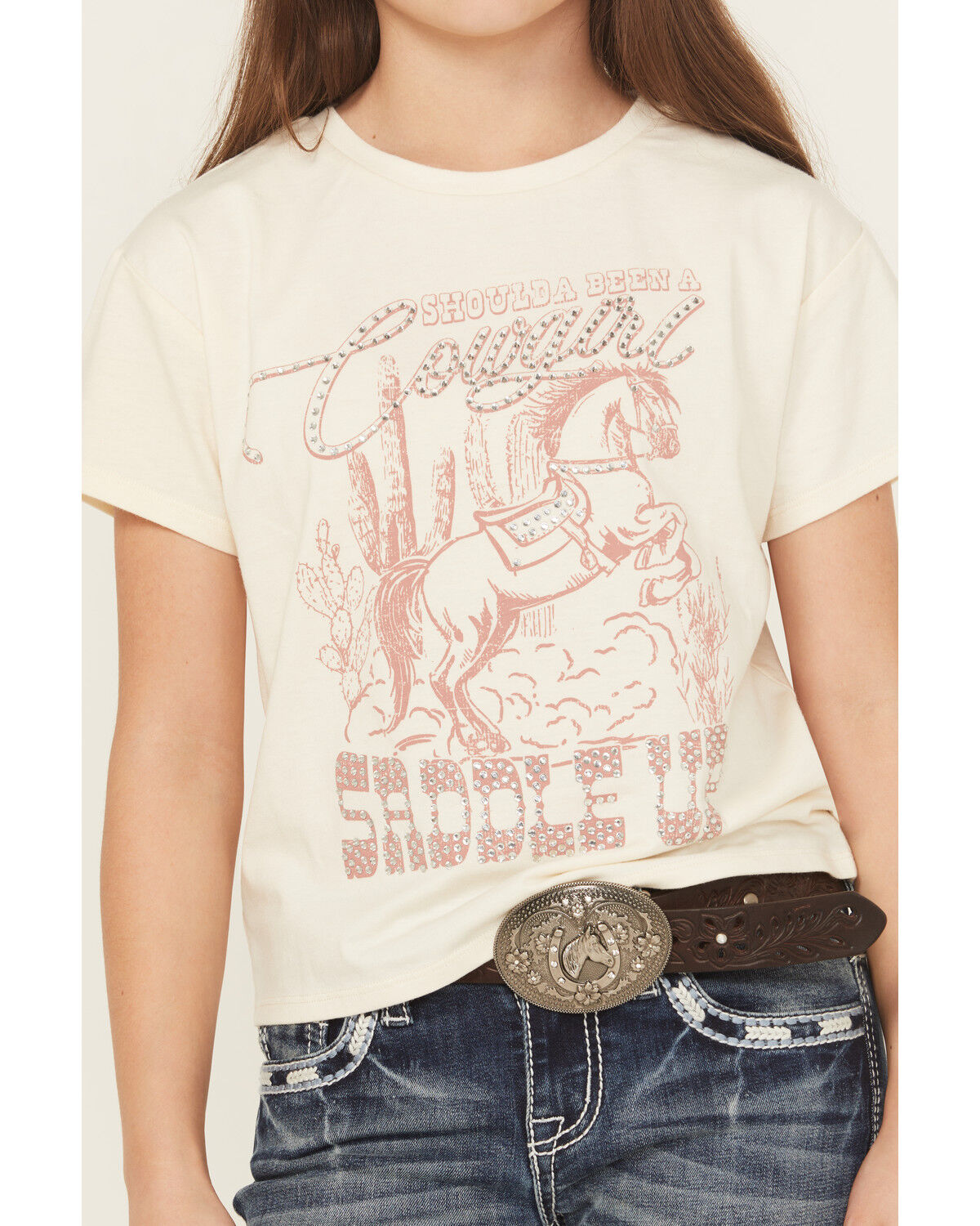 Image #2 - Shyanne Girls' Shoulda Been A Cowgirl Short Sleeve Graphic Tee, Off White, hi-res