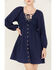 Image #3 - Yura Women's Long Sleeve Peasant Mini Dress, Navy, hi-res