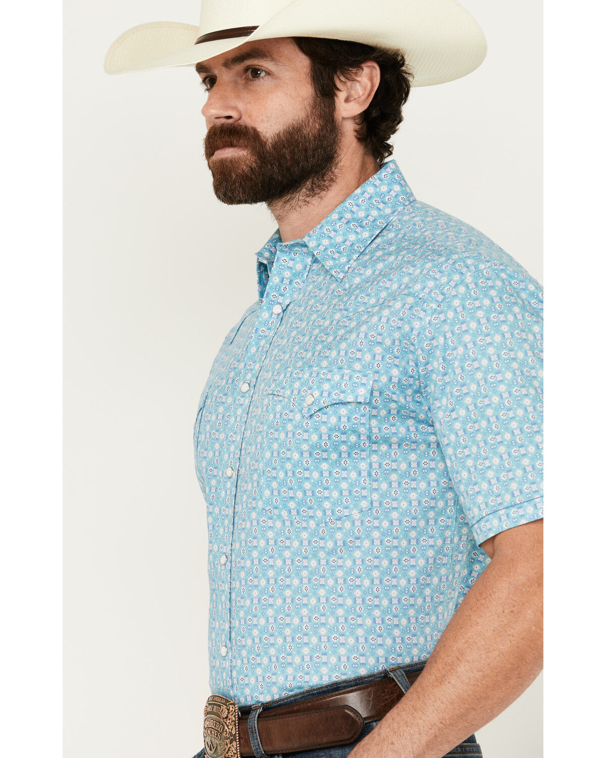 Image #2 - Panhandle Men's Southwestern Print Short Sleeve Pearl Snap Stretch Western Shirt, Aqua, hi-res