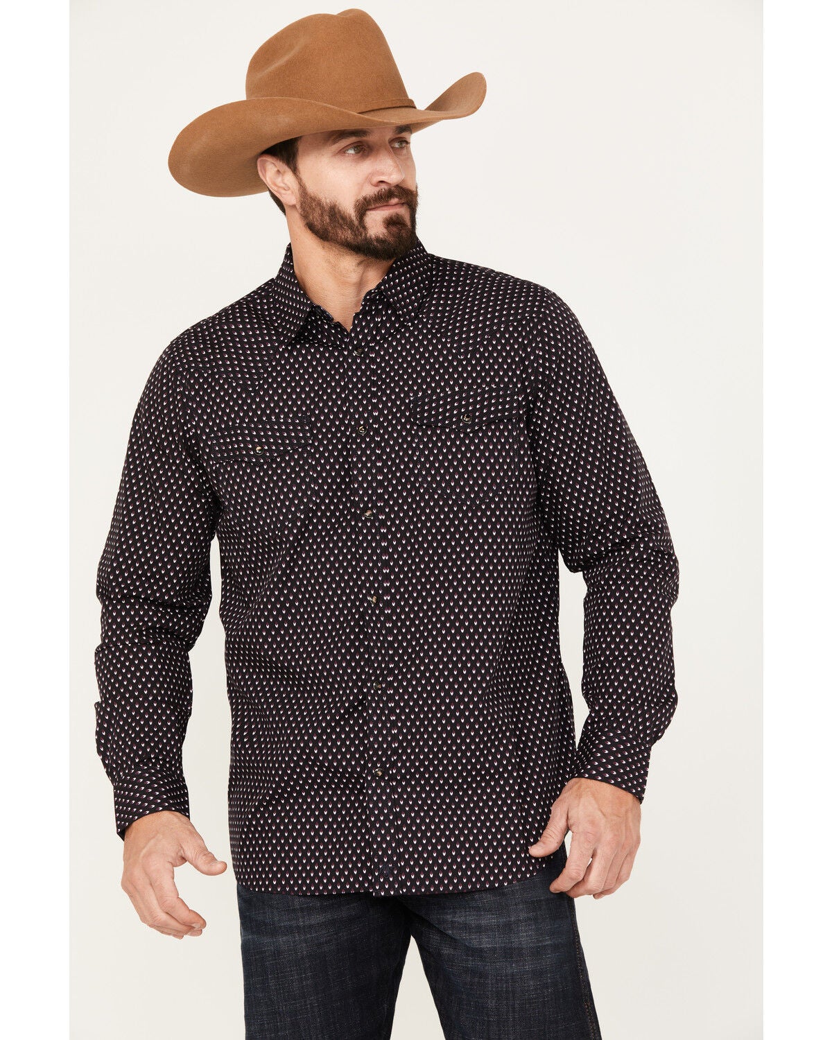 Moonshine Spirit&reg; Men's Cat Geo Print Long Sleeve Western Snap Shirt, Black, hi-res