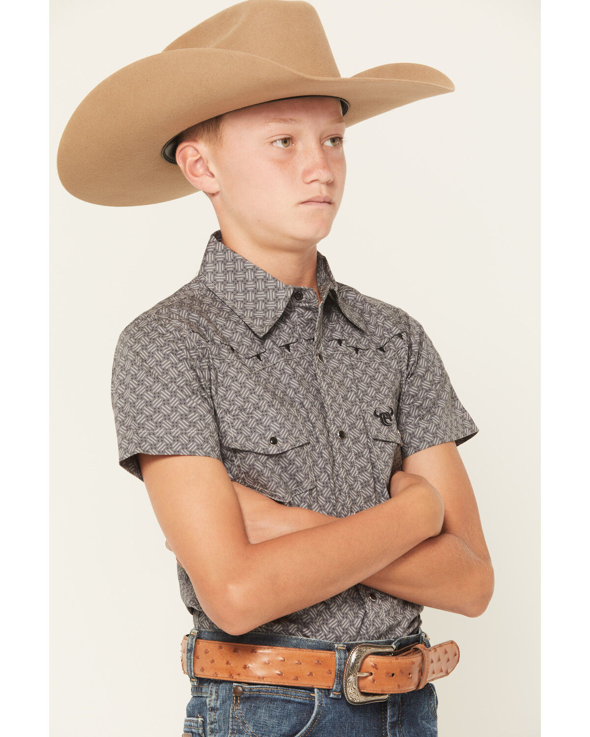 Image #2 - Cowboy Hardware Boys' Geo Print Short Sleeve Snap Western Shirt, Grey, hi-res