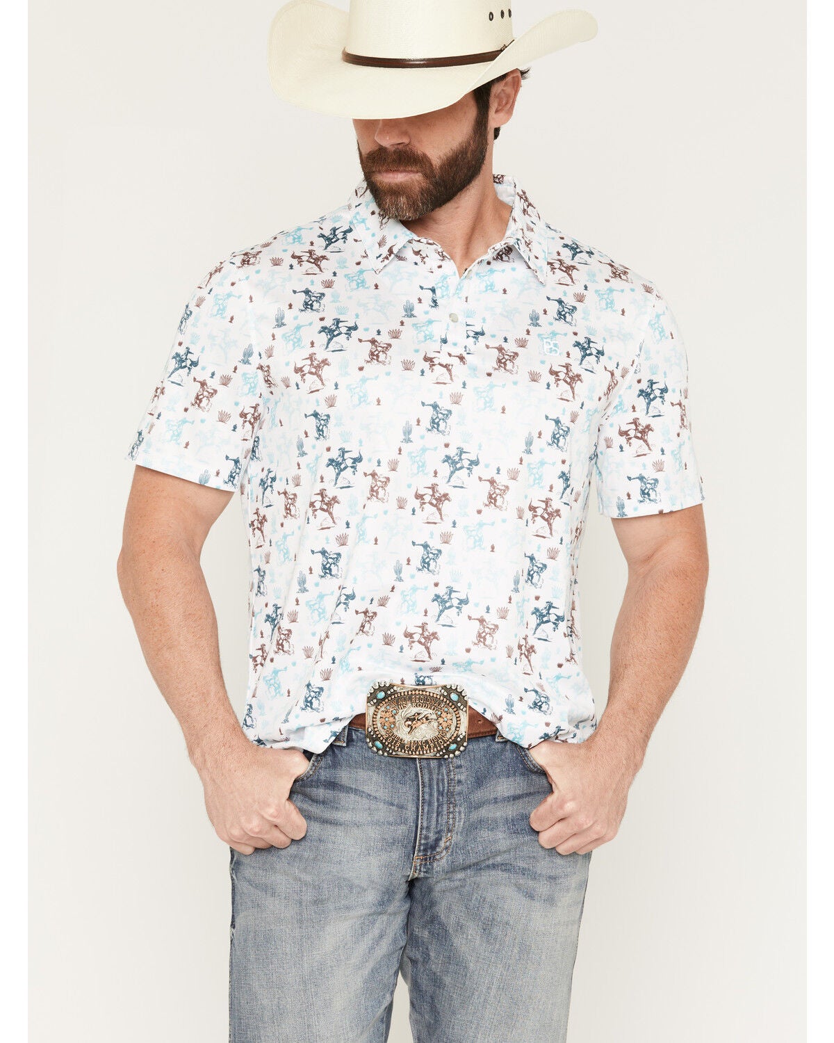 Panhandle Slim Men's Western Conversation Short Sleeve Snap Performance Polo Shirt, White, hi-res